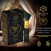 Majestic Perfumes India Dahab Al Aswad 8ml perfume bottle with black cap and label, close-up shot of the fragrance container.