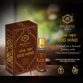 Majestic Perfumes India Oud Hind 8ml perfume bottle with intricate design and amber-colored fragrance liquid.
