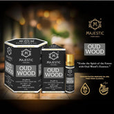 Majestic Perfumes India Oud Wood 6ML perfume bottle with elegant packaging and a sleek, dark amber liquid inside.