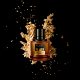 CGI graphic of a 100ML Flair Gold perfume bottle by Majestic Perfumes India with elegant gold accents