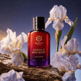 Elegant perfume bottle of Angel's Bouquet 100ML by Majestic Perfumes India, featuring a floral design and clear glass packaging.