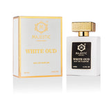 White Oud perfume bottle by Majestic Perfumes India, 100ml, with elegant white packaging and a sleek design.