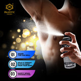Black Out perfume bottle by Majestic Perfumes India displayed on a sleek surface with a black cap and minimalist design.