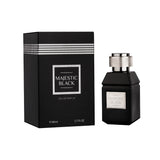 Majestic Black 80ML perfume bottle by Majestic Perfumes India, sleek black design with a silver cap, on a white background.