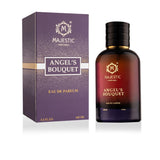 Angel's Bouquet perfume bottle by Majestic Perfumes India, 100ML, with elegant floral design and clear glass showcasing the fragrance.