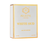 White Oud perfume bottle by Majestic Perfumes India, 100ml, showcasing elegant white packaging and luxurious design.