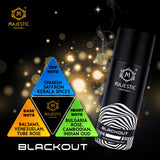 Majestic Perfumes India Black Out perfume bottle with sleek black design and gold accents on a white background.