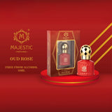 Majestic Perfumes India Oud Rose 10ml perfume bottle with floral and woody design on the label, placed on a white background.