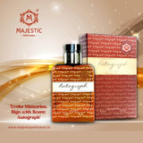 Majestic Perfumes India Autograph Homme 100ml perfume bottle with sleek design and clear label, displayed on a neutral background.