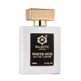 White Oud perfume bottle from Majestic Perfumes India, 100ml with elegant white packaging and a sleek design.