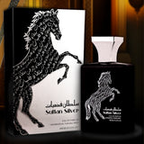 Majestic Perfumes India Sultan Silver 100ml perfume bottle with sleek silver design and clear label, displayed on a white background.