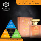 Majestic Perfumes India Cosmic Love 50ML perfume bottle with elegant design and dark liquid inside.