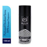 Black Out perfume bottle by Majestic Perfumes India, sleek black design with elegant branding on a clean background.