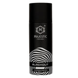 Majestic Perfumes India BLACK OUT perfume bottle with black and gold design, sleek and elegant packaging.