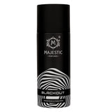 Majestic Perfumes India BLACK OUT perfume bottle with sleek black design and silver accents, close-up shot.