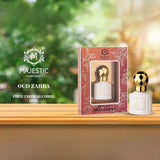 Majestic Perfumes India Oud Zahra 10ml perfume bottle with elegant packaging and floral design.