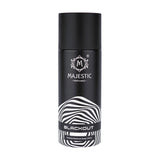 Black Out perfume bottle by Majestic Perfumes India, sleek black design with elegant branding on a neutral background.