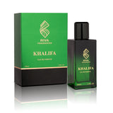 Majestic Perfumes India Khalifa 100ML perfume bottle with sleek design and clear label, displayed on a white background.