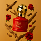 Majestic Perfumes India Oud Rose 10ml perfume bottle with a clear glass container and elegant rose-themed design.