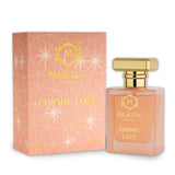 Cosmic Love 50ML perfume bottle by Majestic Perfumes India, sleek design with clear glass and gold accents.