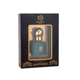 Sapphire 10ml perfume bottle by Majestic Perfumes India, with a sleek blue glass design and elegant cap.