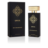 Majestic Perfumes India Onyx 100ML perfume bottle with sleek black design and gold accents.