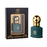 Sapphire 10ml perfume bottle by Majestic Perfumes India, featuring a sleek design and vibrant blue color.