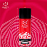 Close-up of a perfume bottle labeled LAST MEMORY by Majestic Perfumes India, with elegant packaging and a sleek design.