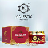 Majestic Perfumes India First Impression bottle with elegant design and floral accents, showcasing a luxurious fragrance presentation.