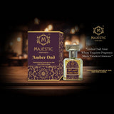 Amber Oud perfume bottle by Majestic Perfumes India, showcasing the elegant 20ml amber-colored glass container.