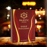 Deep Indulgence 50ML perfume bottle from Majestic Perfumes India, elegant glass container with a sleek design.