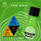 Time Game perfume bottle by Majestic Perfumes India, featuring a sleek, elegant design with a clear glass container and metallic accents.