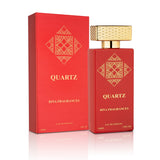 Majestic Perfumes India Quartz 100ML perfume bottle with a sleek transparent design and silver cap on a white background.