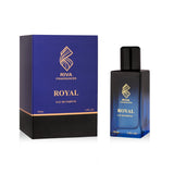 Royal 100ML bottle of Majestic Perfumes India, elegant glass container with a sleek design and a label displaying the brand name.