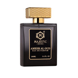 Majestic Perfumes India Ameer Al Oud 100ml perfume bottle with a sleek design and elegant cap on a white background.