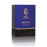 Royal 100ML perfume bottle by Majestic Perfumes India, elegant glass container with a gold-colored cap and royal blue accents.