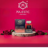 Majestic Perfumes India Oud & Rose fragrance bottle, 100ml, with elegant floral and woody scent details.