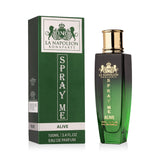 Majestic Perfumes India Spray Me Alive 100ml bottle with floral and citrus notes, transparent glass container with a silver cap.
