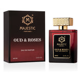 Majestic Perfumes India Oud & Rose perfume bottle with floral and woody design, 100ml size on a neutral background.