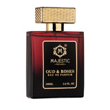 Majestic Perfumes India Oud gift set with six fragrance bottles arranged together on a neutral background.