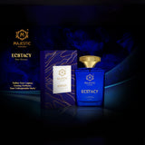 Majestic Perfumes India Ecstacy Blue 100ML perfume bottle with blue accents and elegant design on a white background.
