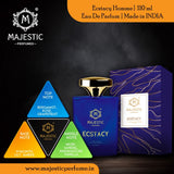 Majestic Perfumes India Ecstacy Blue 100ML perfume bottle with blue accents and elegant design.