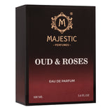 Majestic Perfumes India Oud & Rose 100ml perfume bottle with a sleek design and floral accents on the label.