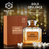 Gold Opulence 100ML perfume bottle by Majestic Perfumes India, elegant gold-colored glass with a sleek design.