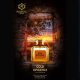 Golden-colored glass perfume bottle labeled Gold Opulence 100ML by Majestic Perfumes India, with elegant design details.