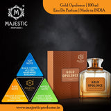 Golden bottle of Gold Opulence 100ML perfume by Majestic Perfumes India, showcasing the luxurious packaging and elegant design.