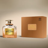 Gold Opulence 100ML perfume bottle by Majestic Perfumes India, elegant gold-colored glass with a sleek design.