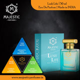 Lush Life 50ml perfume bottle by Majestic Perfumes India, sleek glass container with a modern design.