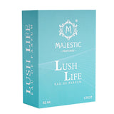 Majestic Perfumes India Lush Life 50ML perfume bottle with elegant design and clear label, displayed on a neutral background.