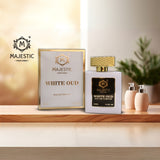 White Oud perfume bottle from Majestic Perfumes India, 100ml, with elegant white packaging and a sleek design.